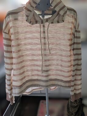 Hem & Thread Striped Lightweight Beach Hoodie Sweater - Beige & Cream